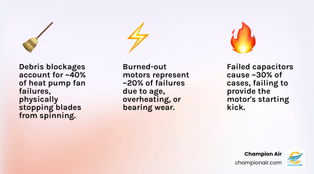 Infographic showing heat pump fan failure causes by percentage with repair options and urgency levels infographic