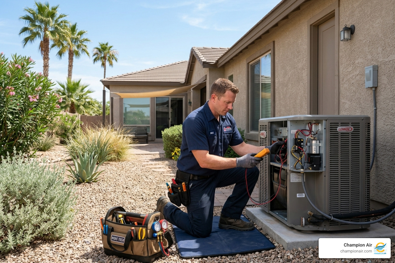 HVAC technician inspecting an outdoor heat pump unit in a sunny Arizona backyard