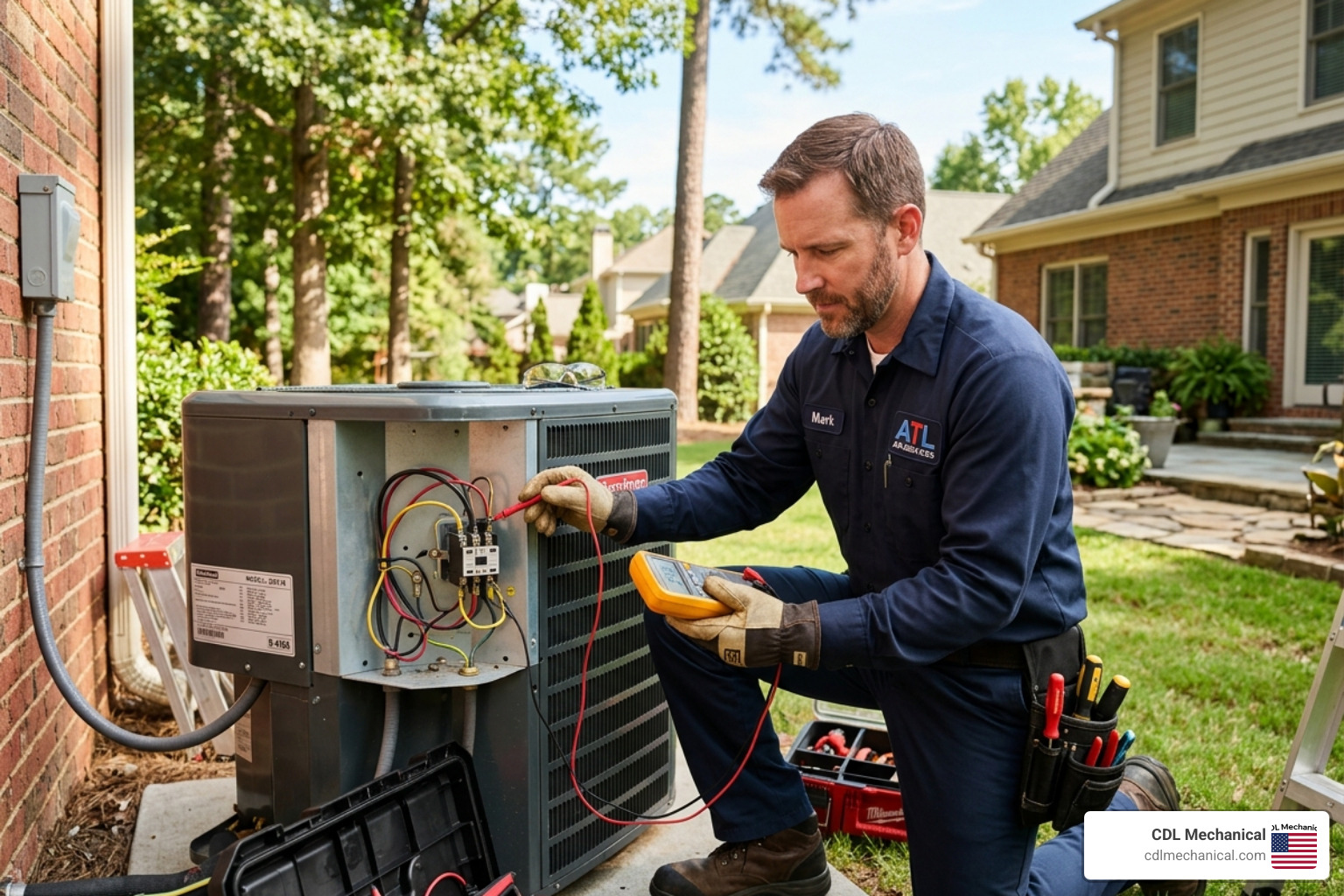 technician inspecting electrical connections in an outdoor condenser unit technician inspecting electrical connections in an outdoor condenser unit