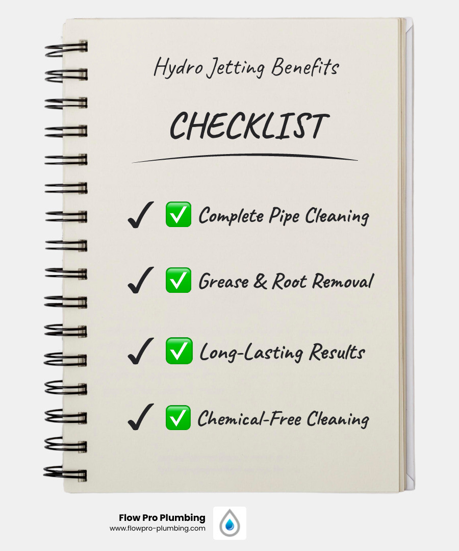 Infographic showing benefits of hydro jetting for sewer lines: complete cleaning, grease removal, tree root cutting Infographic showing benefits of hydro jetting for sewer lines: complete cleaning, grease removal, tree root cutting