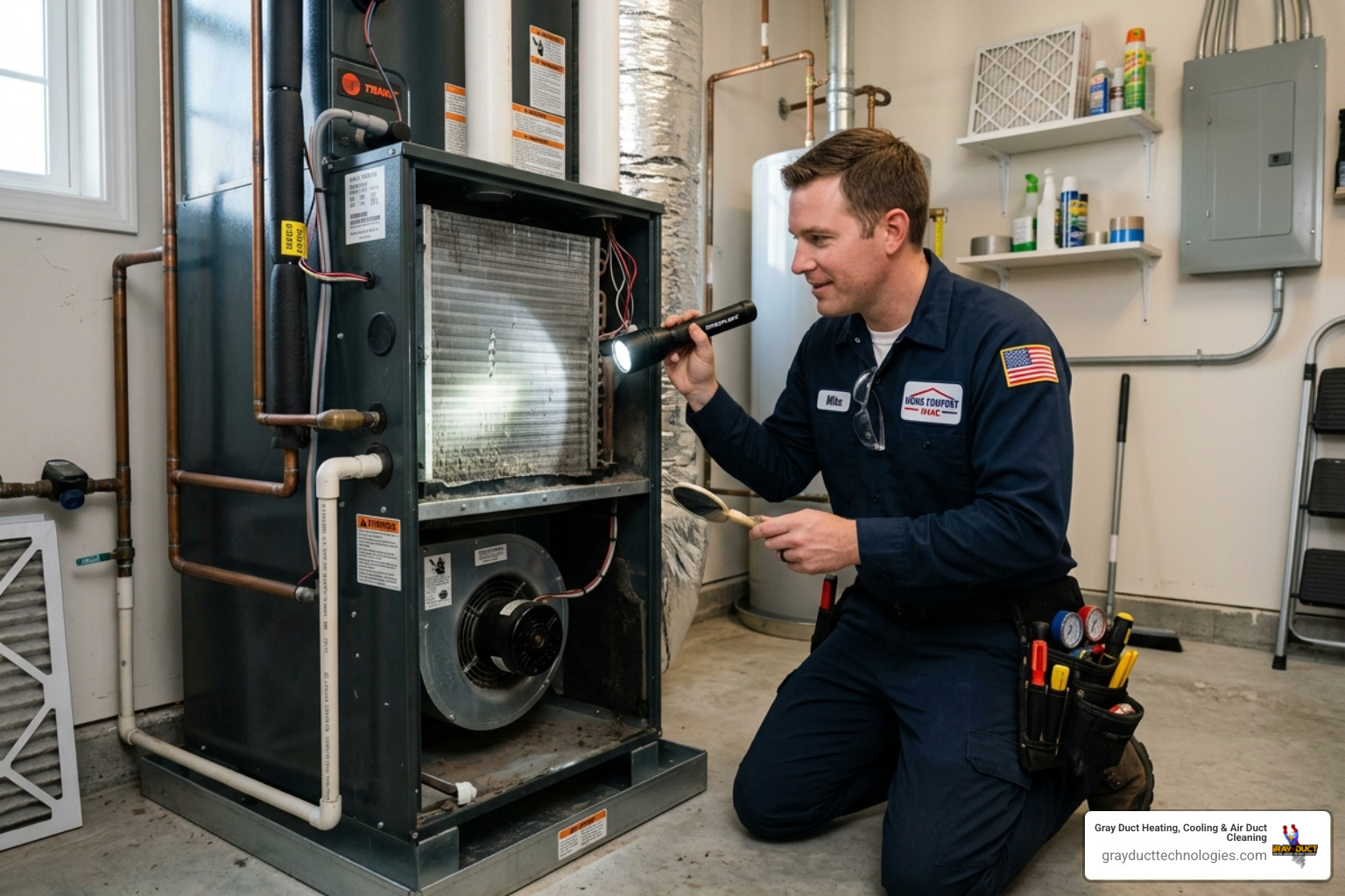 Technician inspecting a residential air handler for dust and debris
