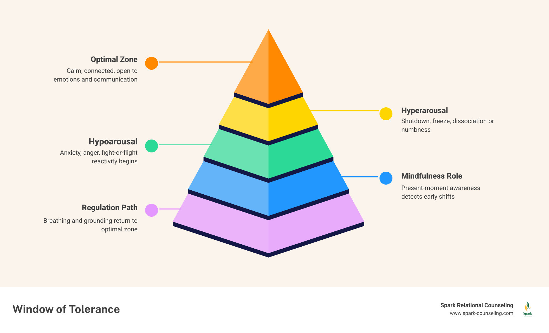 infographic showing the window of tolerance and how mindfulness keeps partners in a regulated emotional state infographic