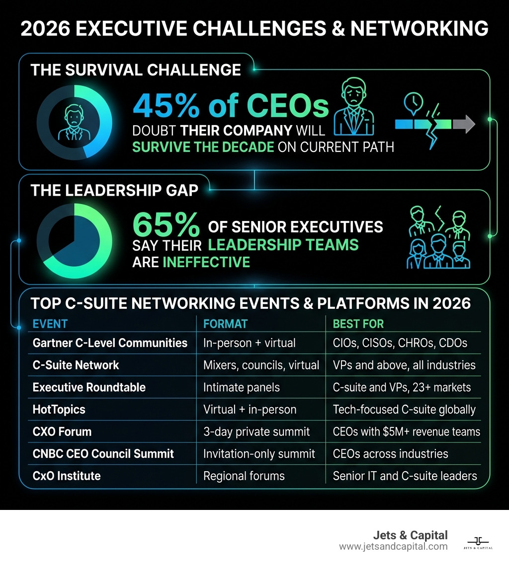 Infographic showing 2026 executive challenges: 45% CEO survival doubt, 65% ineffective leadership teams, top C-suite events