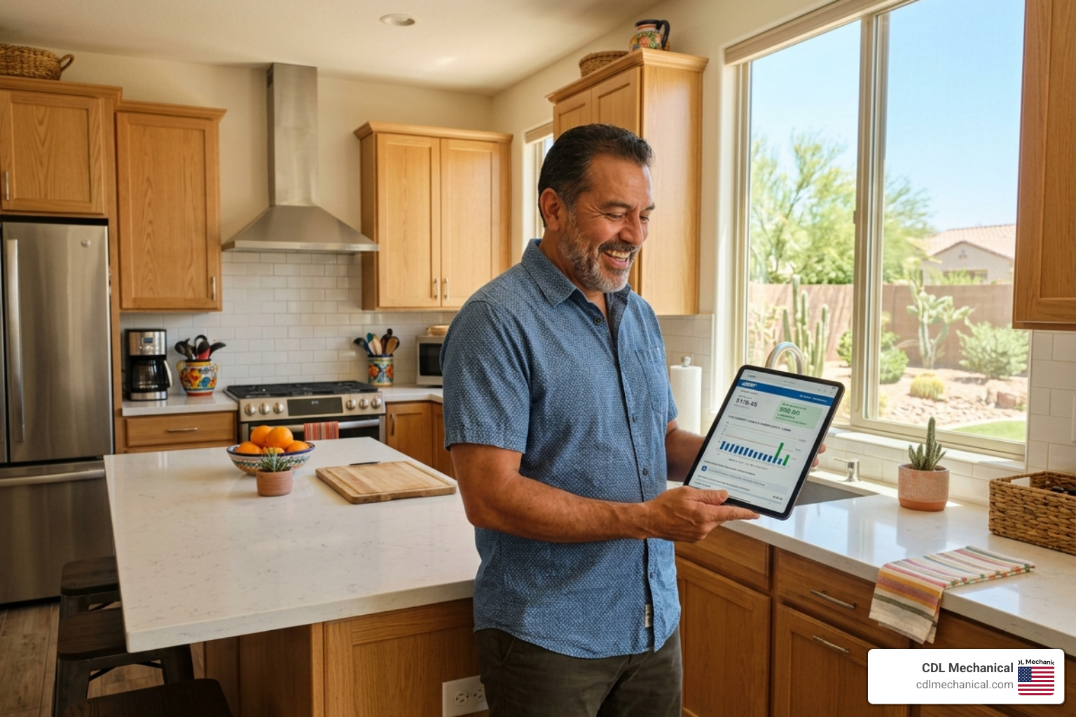 homeowner in Glendale Arizona smiling while looking at a significantly lower energy bill on their tablet homeowner in Glendale Arizona smiling while looking at a significantly lower energy bill on their tablet