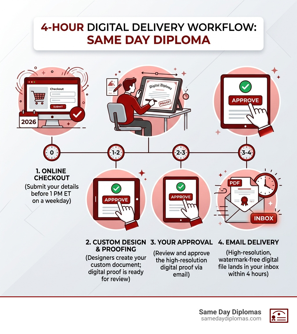 4-hour digital delivery workflow for same day diploma orders, from checkout to inbox infographic
