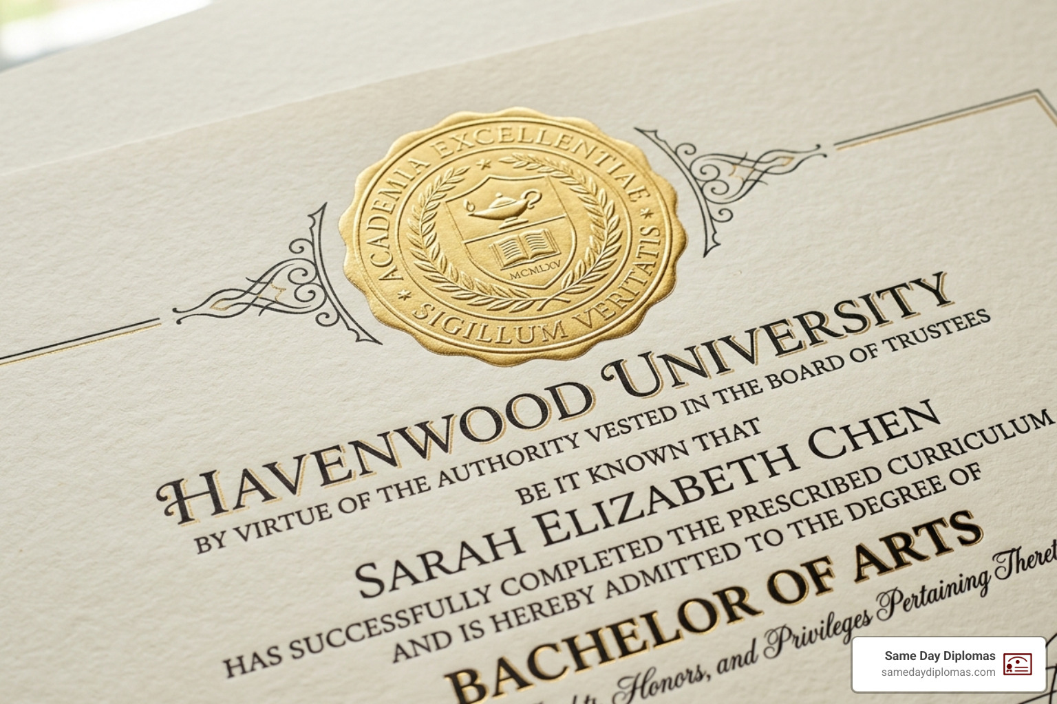 Close-up of a gold-fused seal and embossed lettering on high-quality parchment