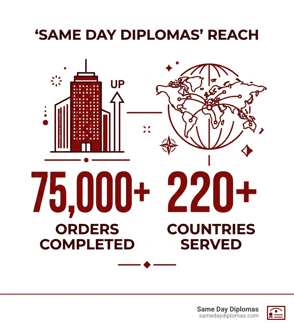 Statistics showing Same Day Diplomas' reach: 75,000+ orders completed and 220+ countries served infographic