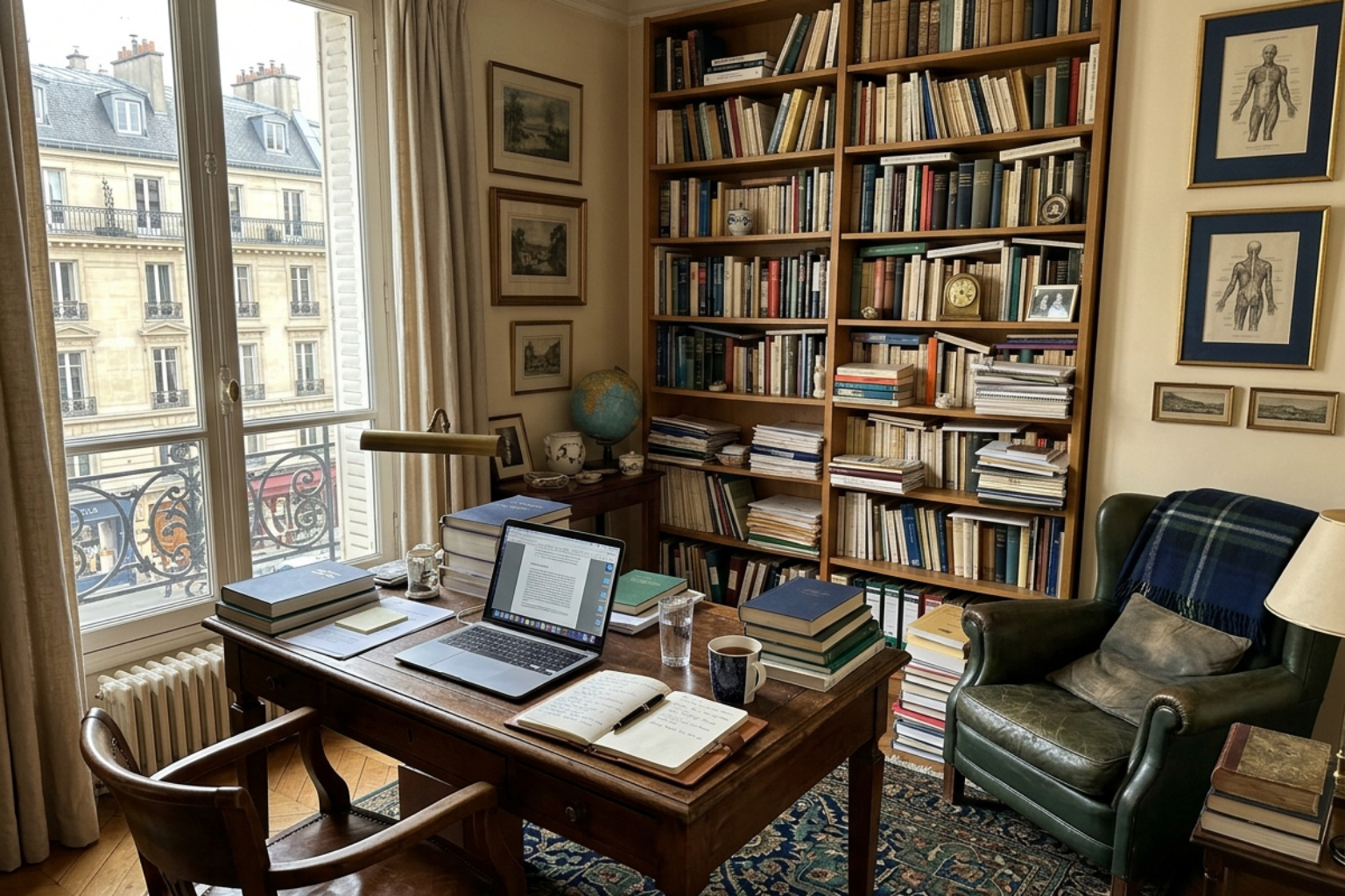 A quiet, lived-in Parisian study with bookshelves and a view of the street A quiet, lived-in Parisian study with bookshelves and a view of the street