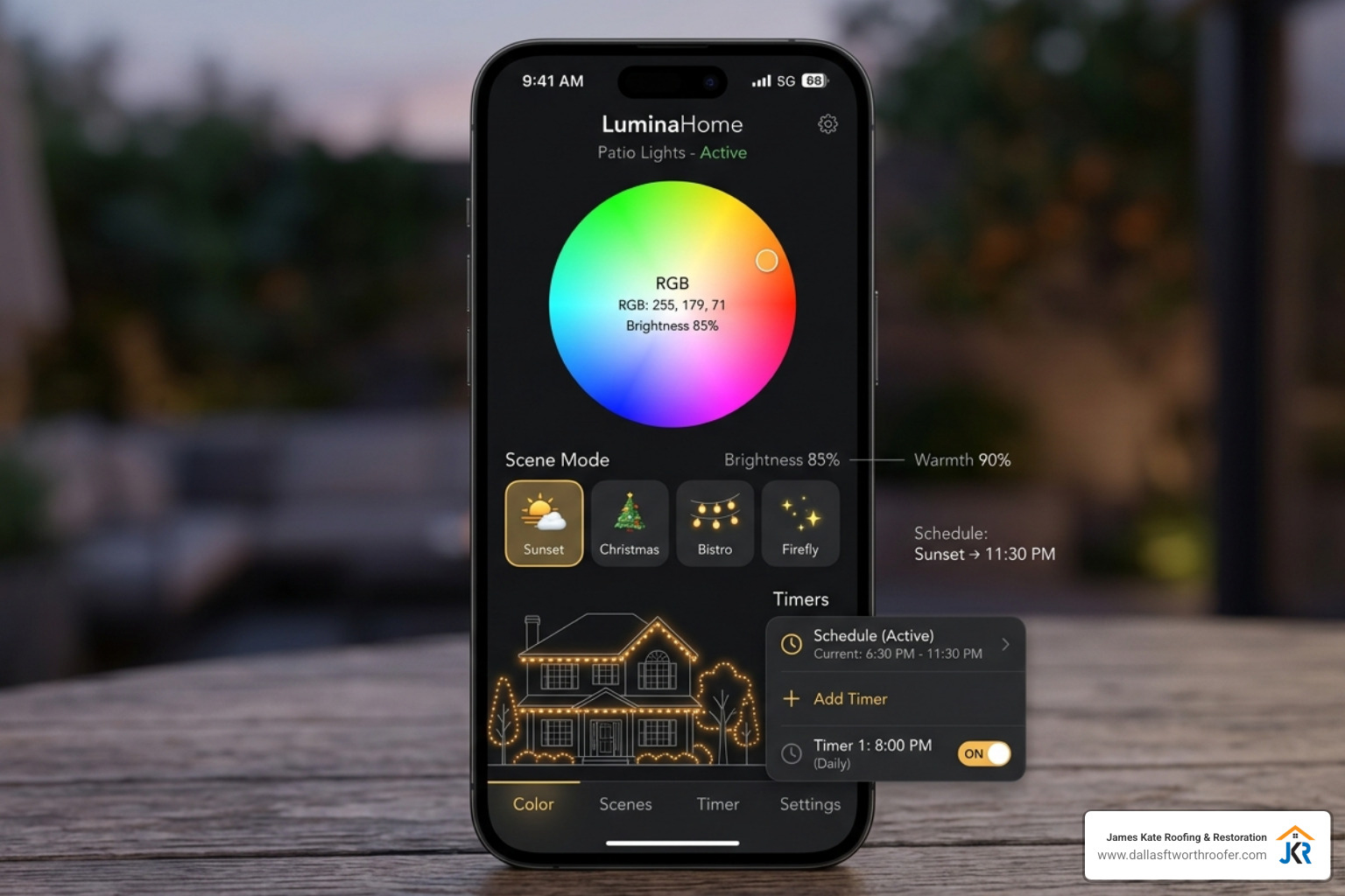 Smartphone app interface showing color wheel, scene modes like 'Sunset' and 'Christmas', and timer settings Smartphone app interface showing color wheel, scene modes like 'Sunset' and 'Christmas', and timer settings