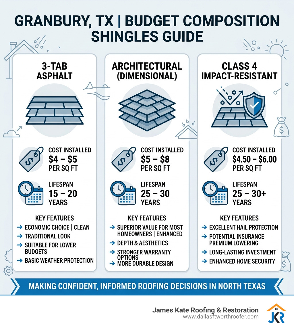 Infographic showing cost tiers, lifespan, and features of budget composition shingles in Granbury TX infographic Infographic showing cost tiers, lifespan, and features of budget composition shingles in Granbury TX infographic