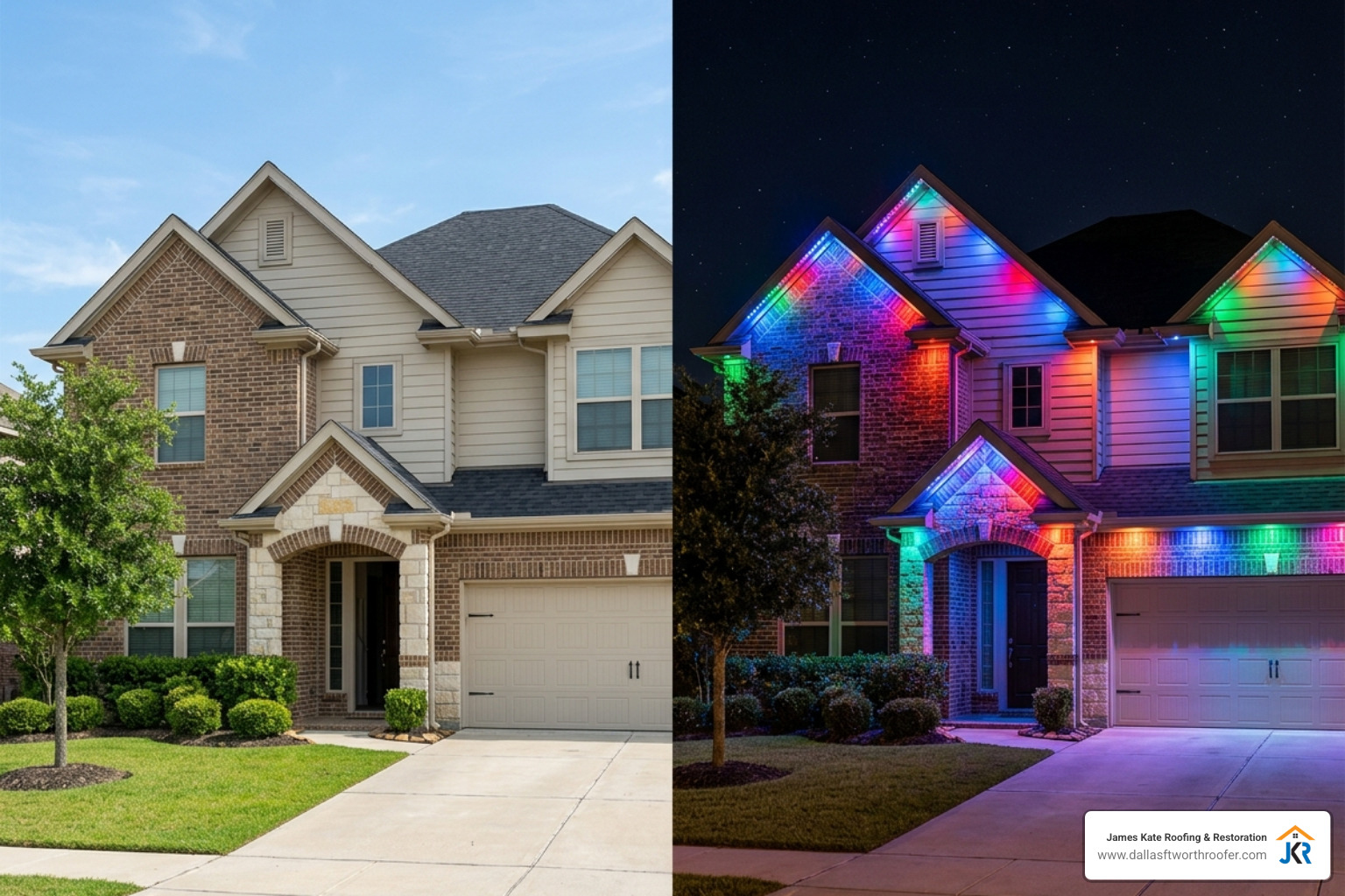 Comparison of a DFW home during the day with discreet light tracks versus the same home at night with vibrant architectural Comparison of a DFW home during the day with discreet light tracks versus the same home at night with vibrant architectural