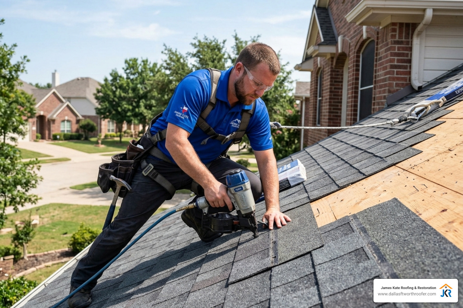 James Kate Roofing professional in a royal blue shirt installing budget composition shingles in Granbury TX James Kate Roofing professional in a royal blue shirt installing budget composition shingles in Granbury TX