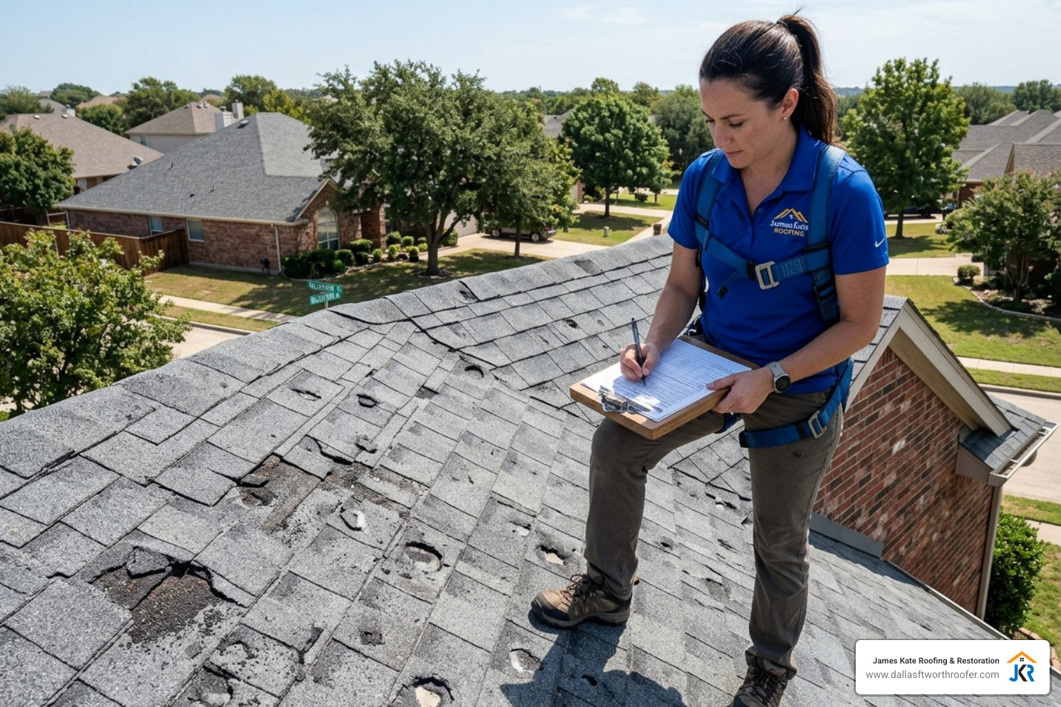 James Kate Roofing inspector in a royal blue shirt documenting hail damage on a Granbury roof James Kate Roofing inspector in a royal blue shirt documenting hail damage on a Granbury roof
