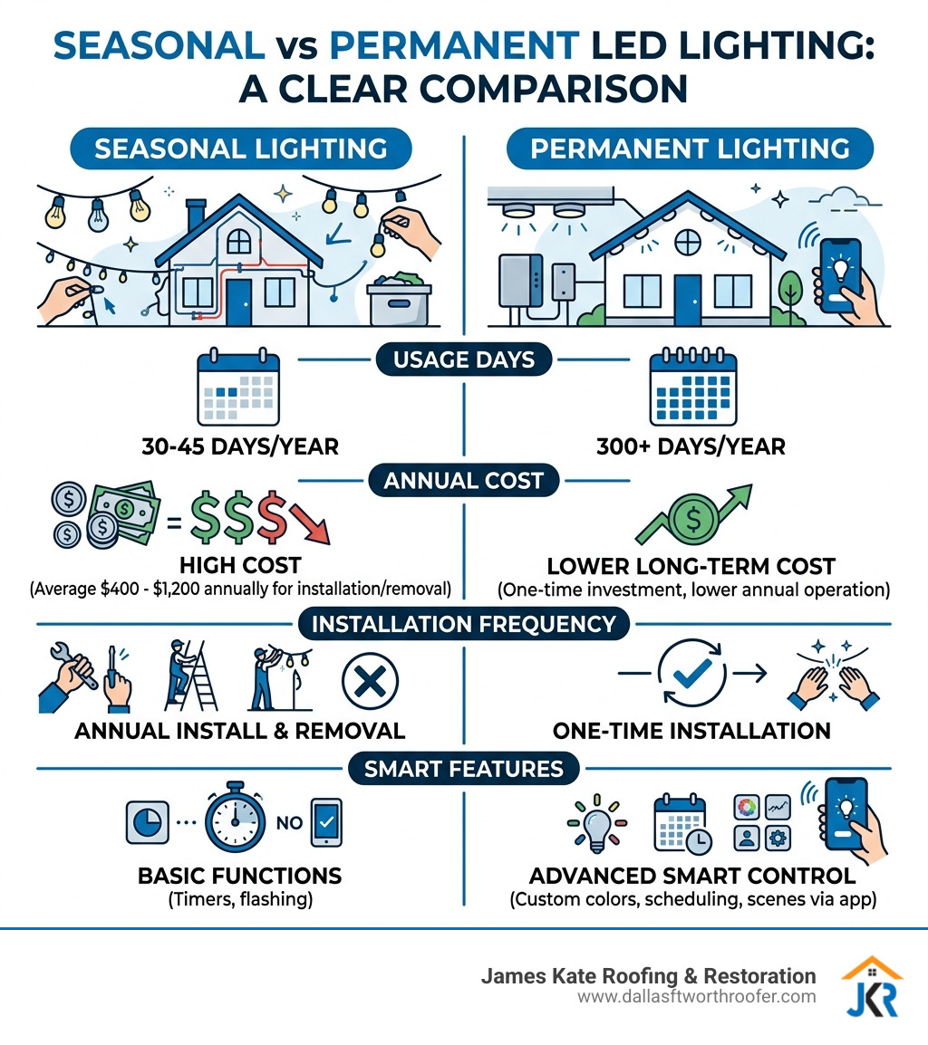 Infographic comparing seasonal vs permanent LED lighting systems: usage days, annual cost, installation frequency, and smart Infographic comparing seasonal vs permanent LED lighting systems: usage days, annual cost, installation frequency, and smart