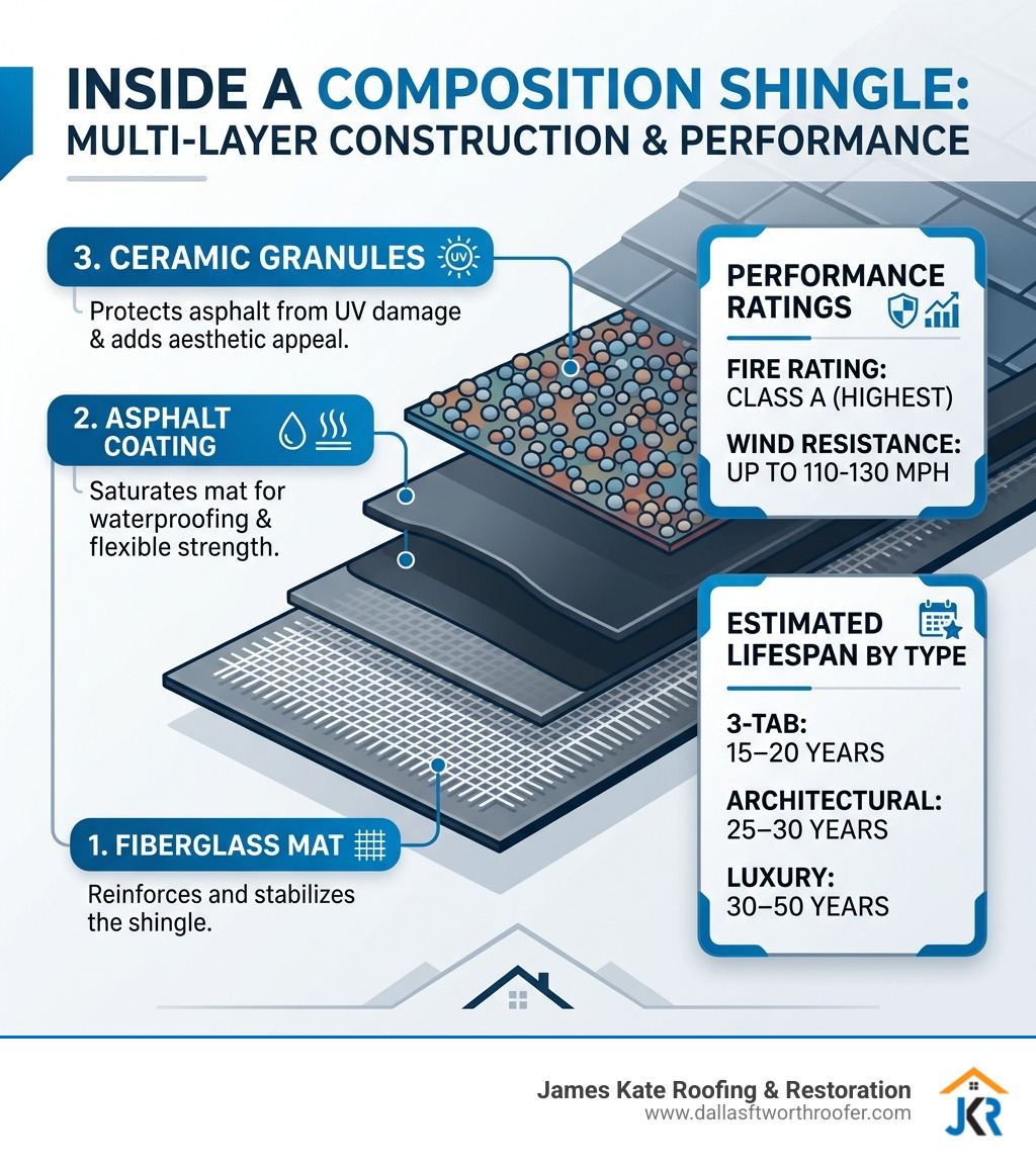 Infographic showing multi-layer construction of a composition shingle: fiberglass mat, asphalt coating, ceramic granules Infographic showing multi-layer construction of a composition shingle: fiberglass mat, asphalt coating, ceramic granules