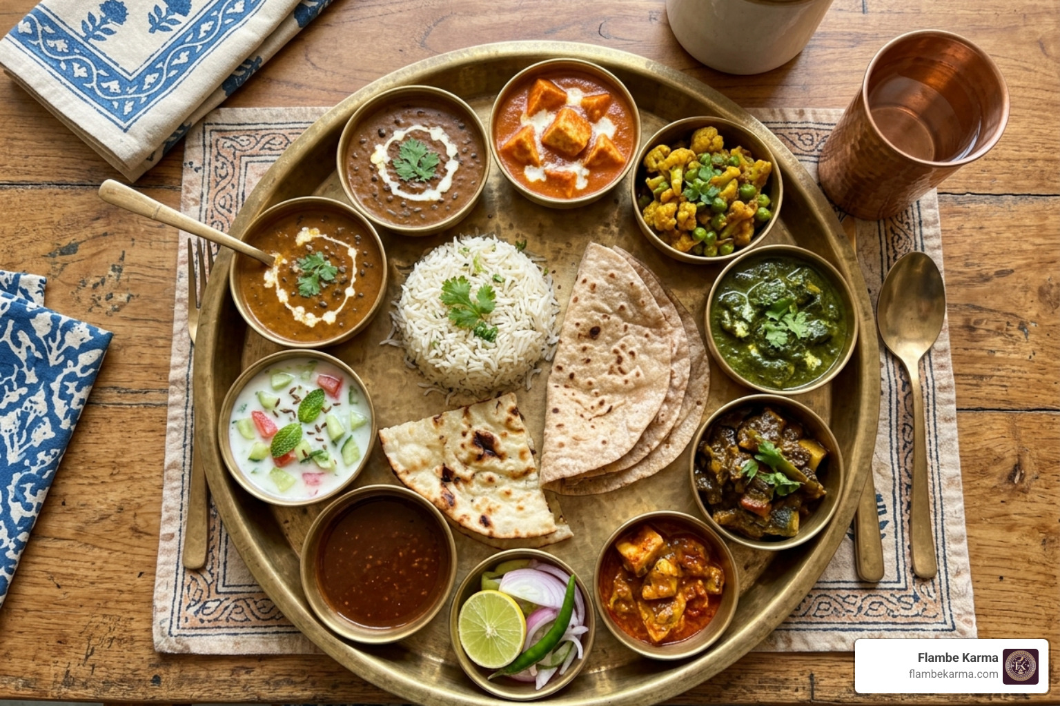 A traditional Indian Thali featuring multiple small bowls of curry, rice, and bread