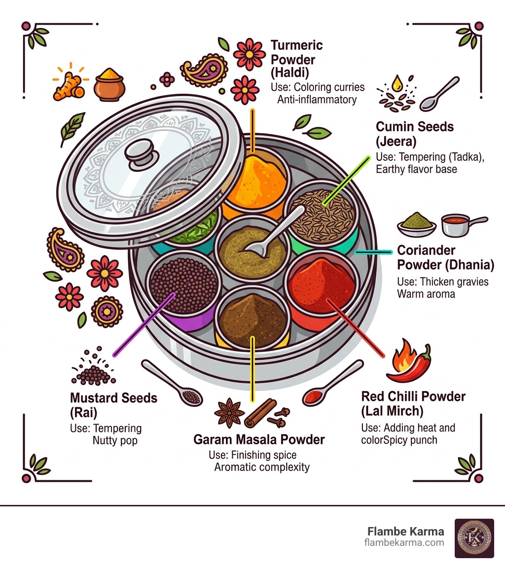 Indian spice box (Masala Dabba) infographic showing common spices and their uses infographic