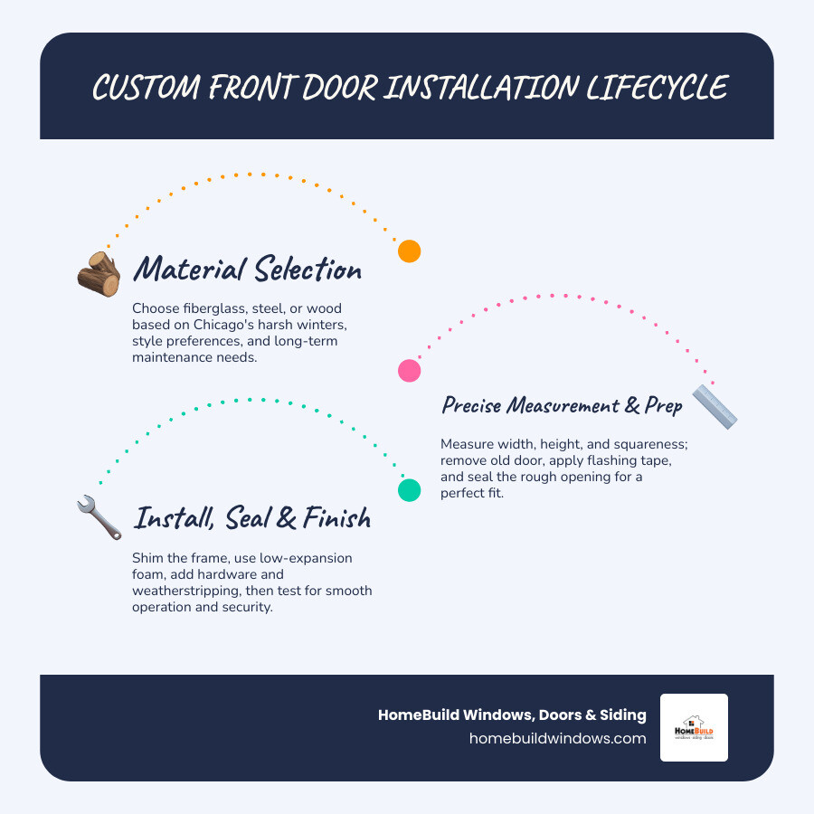 Custom front door installation process lifecycle infographic: material selection, measurement, frame prep, setting the door Custom front door installation process lifecycle infographic: material selection, measurement, frame prep, setting the door