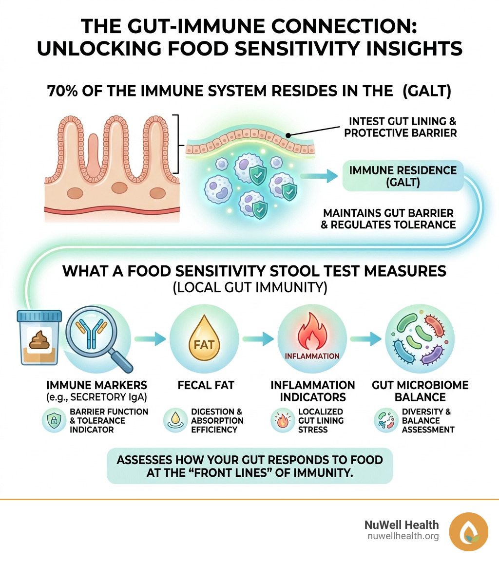 Infographic showing the gut-immune connection and what a food sensitivity stool test measures infographic