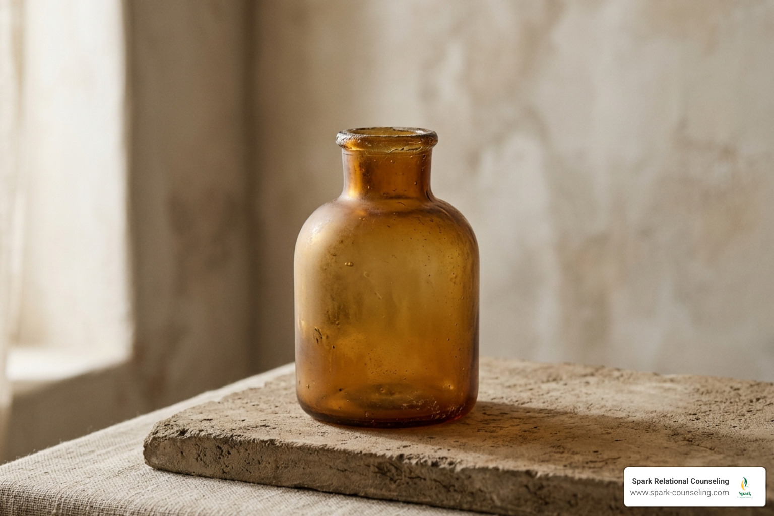 minimalist still life with amber glass and soft light
