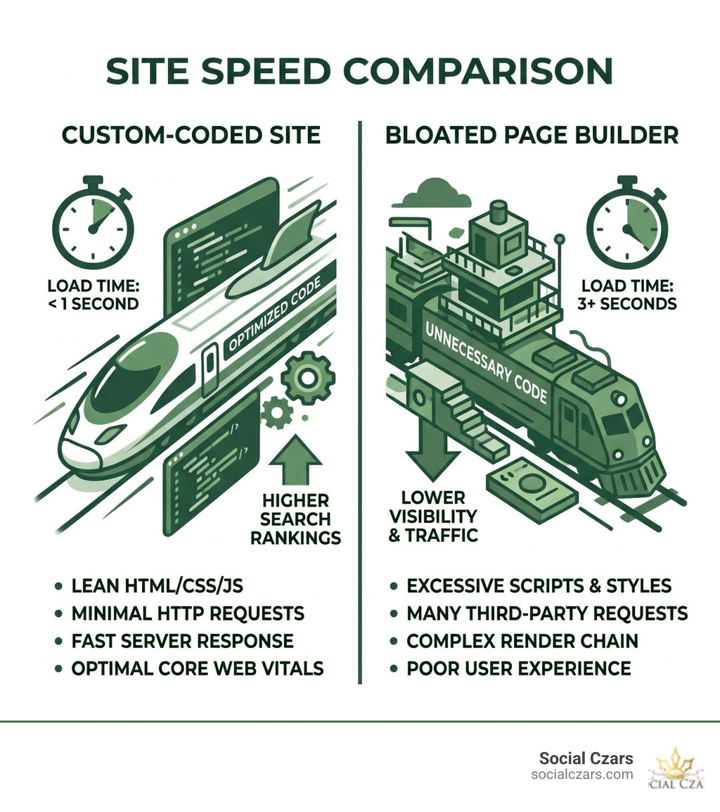Comparison of custom-coded site speed vs bloated page builders infographic Comparison of custom-coded site speed vs bloated page builders infographic