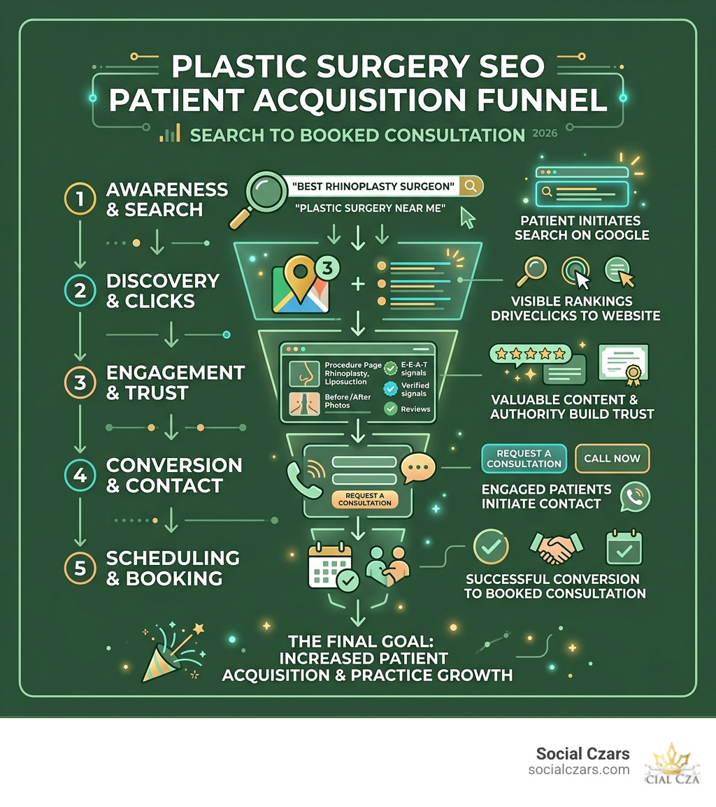 Plastic surgery SEO patient acquisition funnel from search to booked consultation infographic Plastic surgery SEO patient acquisition funnel from search to booked consultation infographic