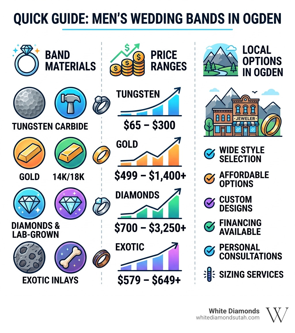 Quick guide to choosing a men's wedding band in Ogden: materials, price ranges, and local options infographic