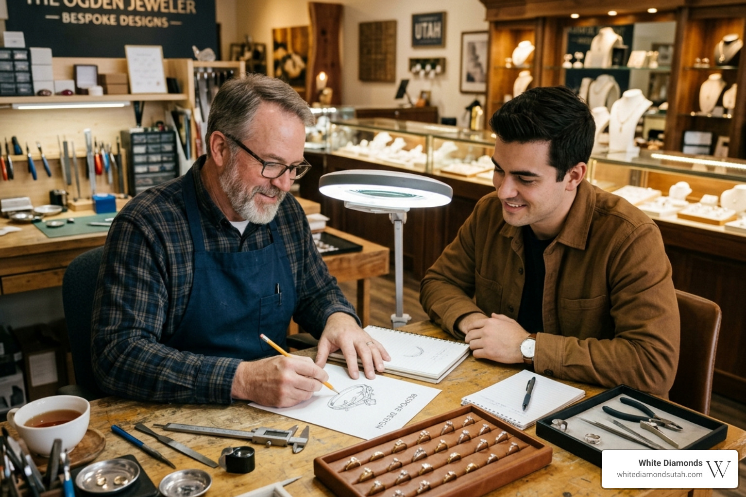 A local Ogden jeweler sketching a bespoke ring design for a client