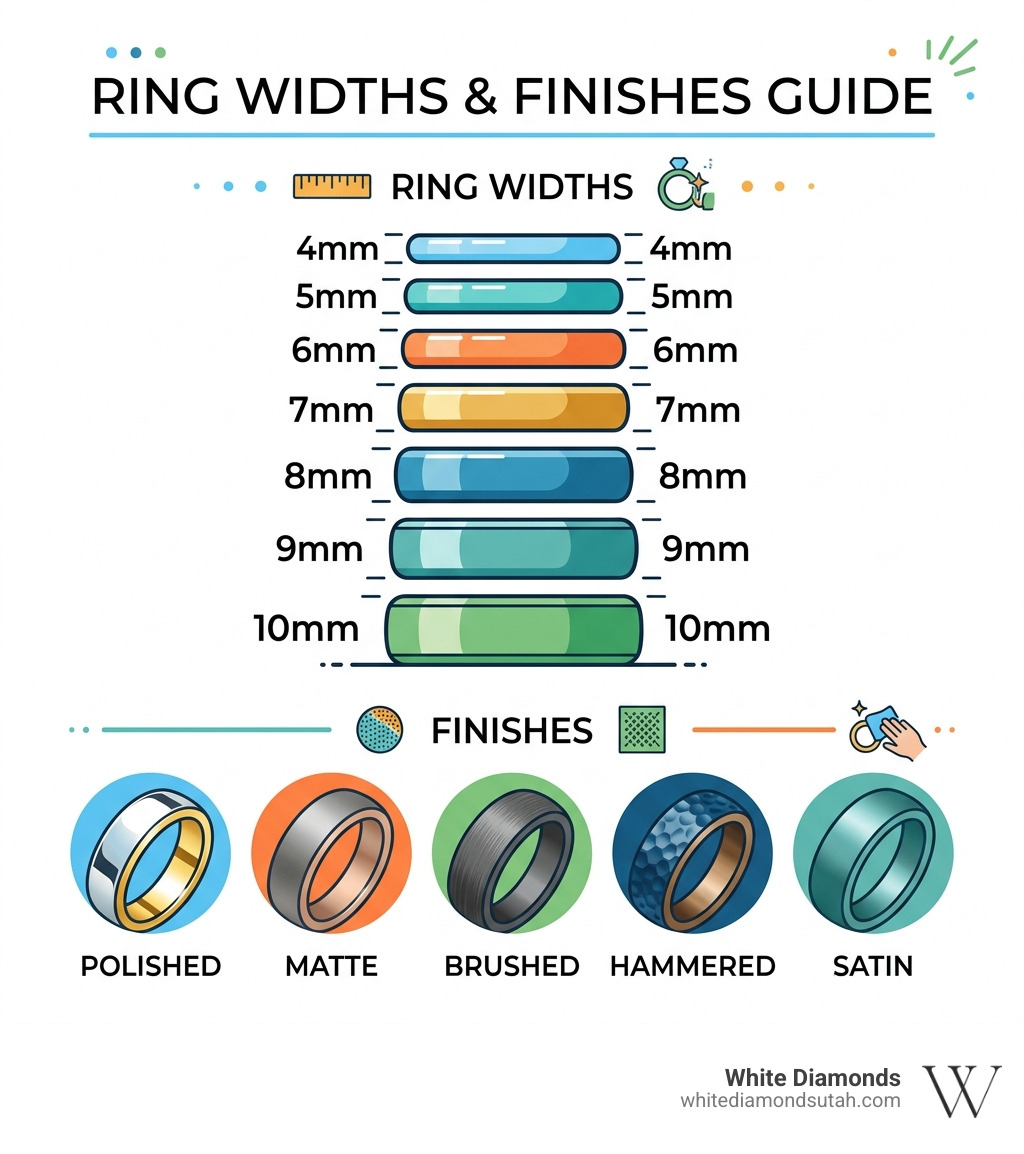 An infographic showing different ring widths from 4mm to 10mm and various finishes infographic