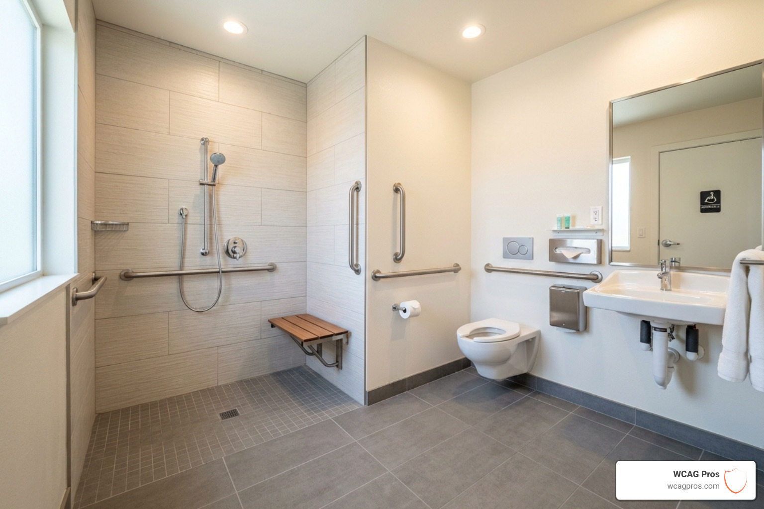 ADA compliant bathroom featuring grab bars around the toilet and a roll-in shower area ADA compliant bathroom featuring grab bars around the toilet and a roll-in shower area