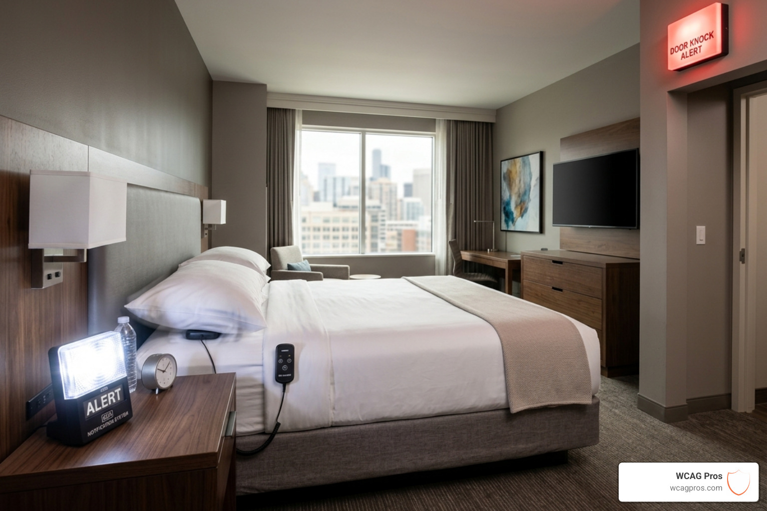 Visual notification alert system in a hotel room showing a strobe light and a bed shaker device Visual notification alert system in a hotel room showing a strobe light and a bed shaker device