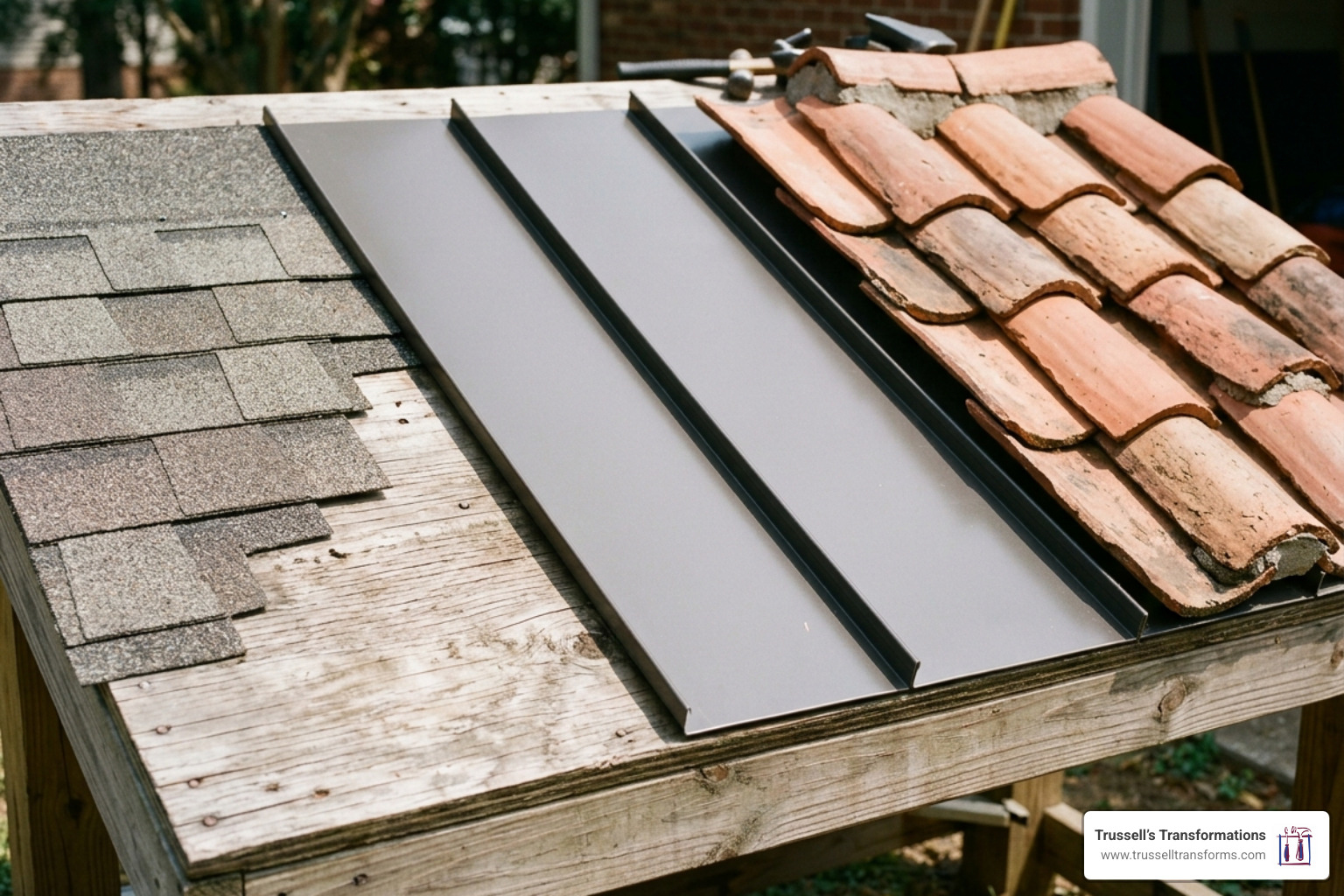 Samples Of Different Roofing Materials Including Asphalt Shingles, Metal Panels, And Clay Tiles Samples Of Different Roofing Materials Including Asphalt Shingles, Metal Panels, And Clay Tiles