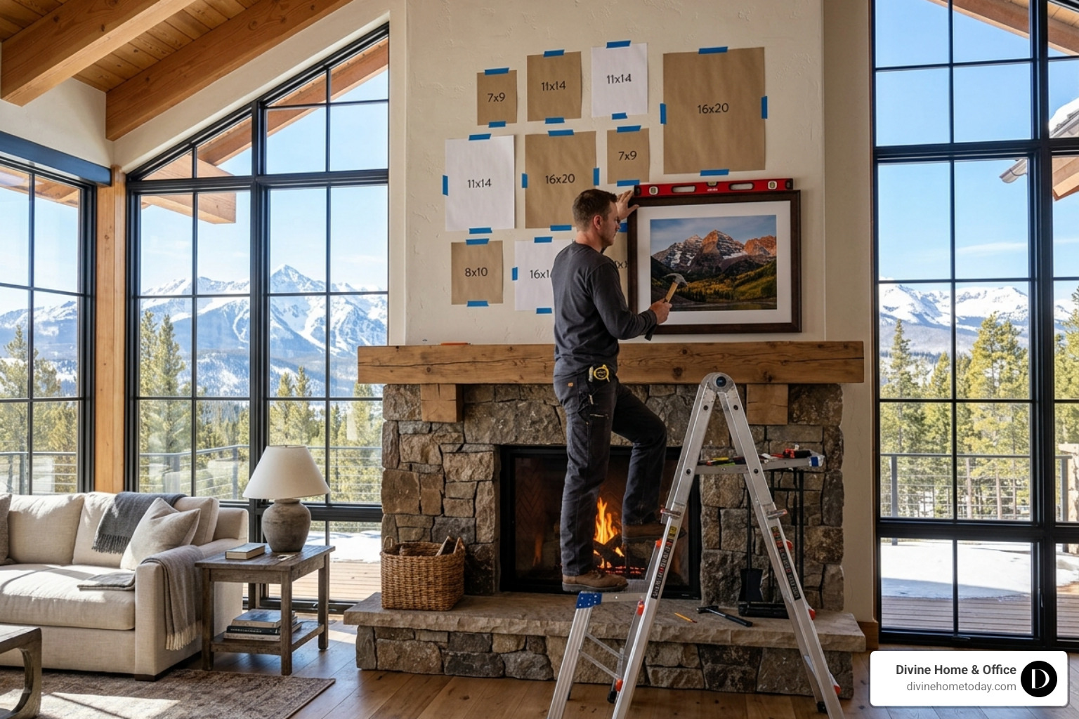 Professional installation of a gallery wall using paper templates for perfect alignment
