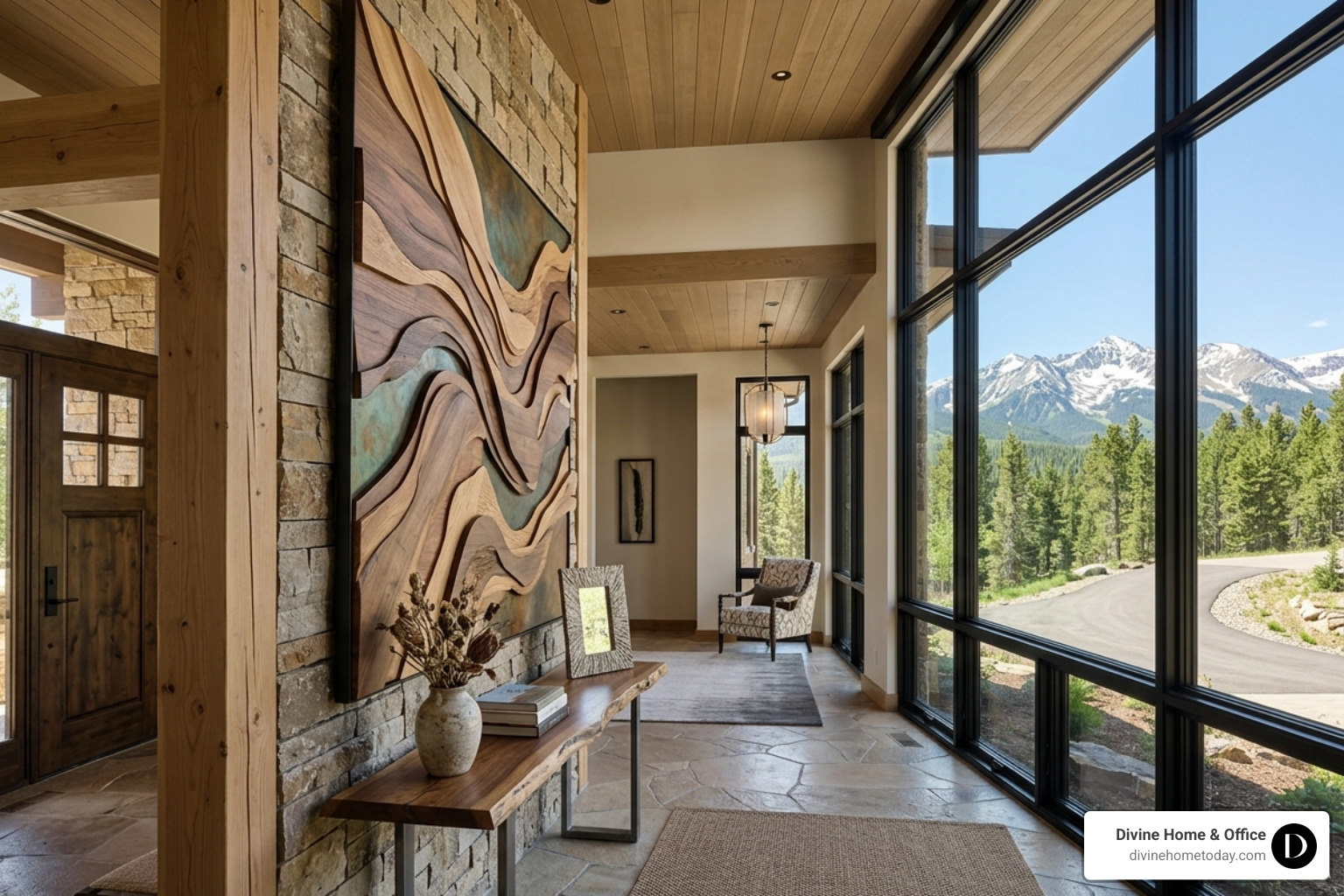 3D sculptural wall artwork in a modern luxury entryway with stone accents and natural light