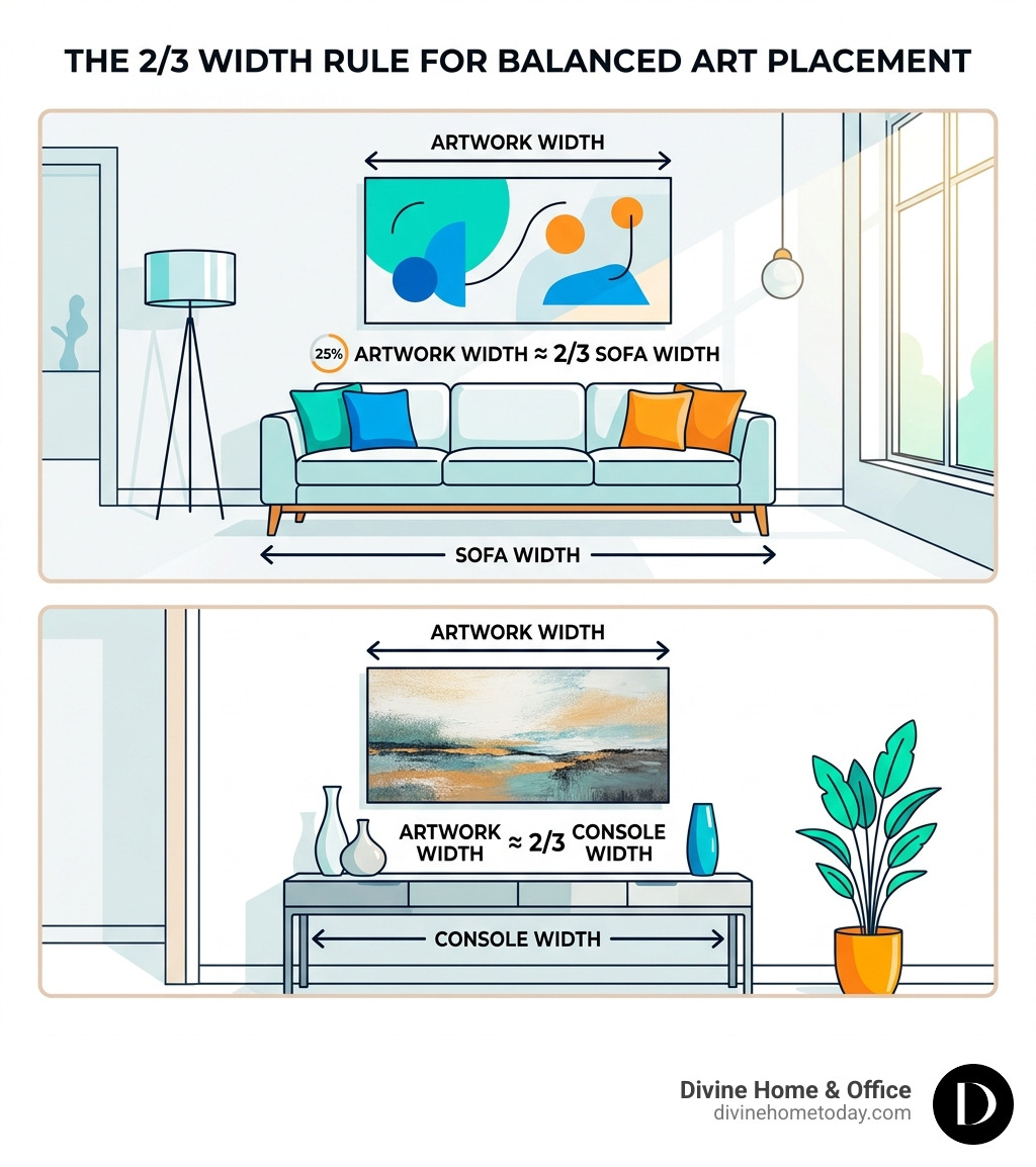 Infographic of the 2/3 width rule for hanging art over furniture like sofas and consoles infographic
