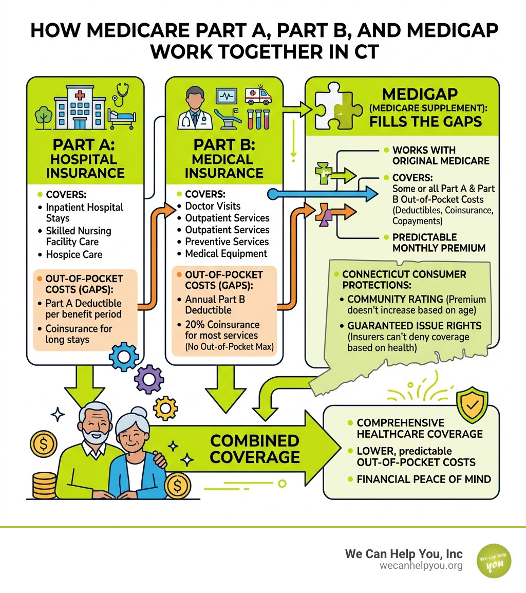 Infographic showing how Part A, Part B, and Medigap work together to cover healthcare costs in Connecticut infographic Infographic showing how Part A, Part B, and Medigap work together to cover healthcare costs in Connecticut infographic