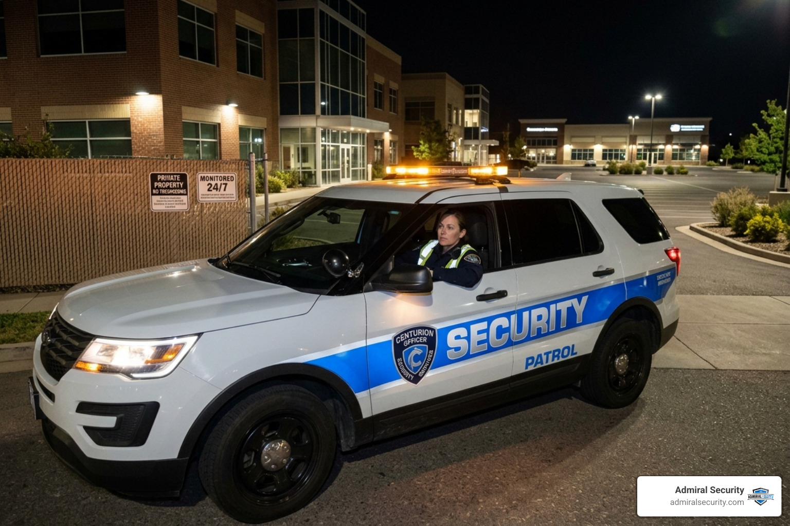 Security officer in a marked vehicle performing a perimeter check with a blurred badge Security officer in a marked vehicle performing a perimeter check with a blurred badge