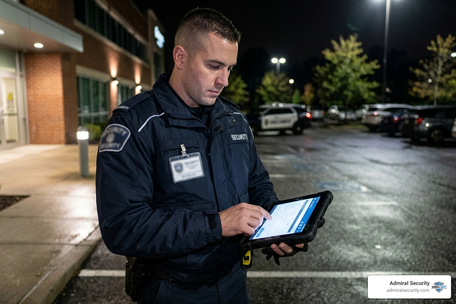 Security professional using a handheld digital reporting device with a blurred badge Security professional using a handheld digital reporting device with a blurred badge