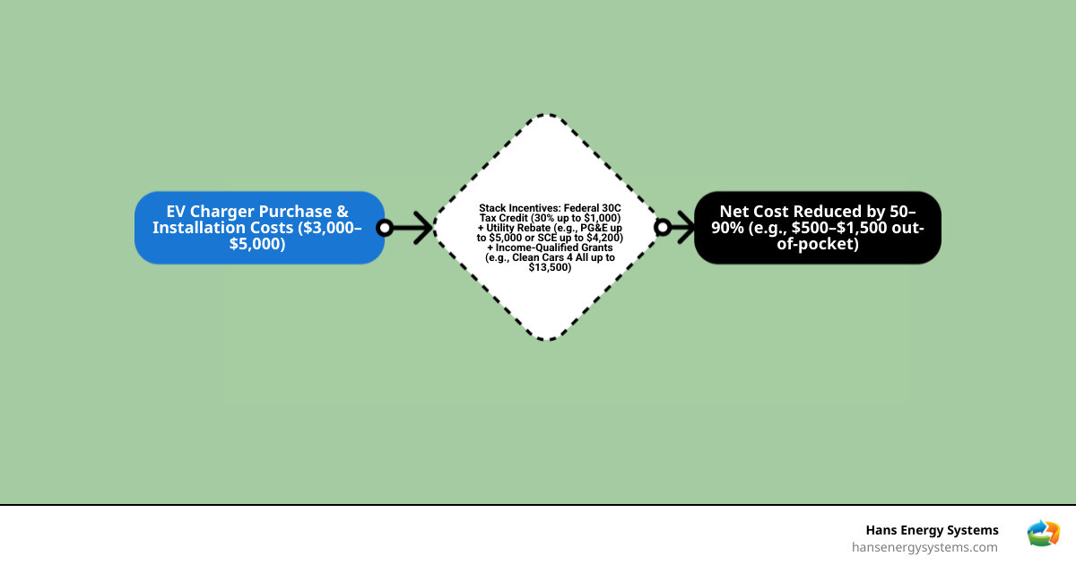 Infographic showing how to stack federal 30C tax credit with California utility EV charger rebates in 2026 infographic