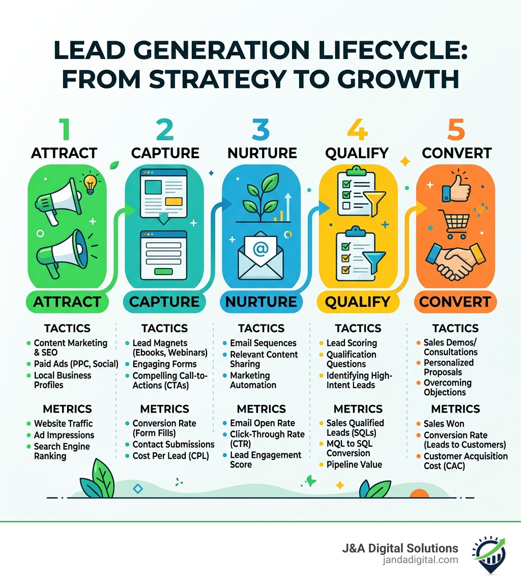 Lead generation lifecycle infographic: Attract, Capture, Nurture, Qualify, Convert — with key tactics and metrics at each Lead generation lifecycle infographic: Attract, Capture, Nurture, Qualify, Convert — with key tactics and metrics at each