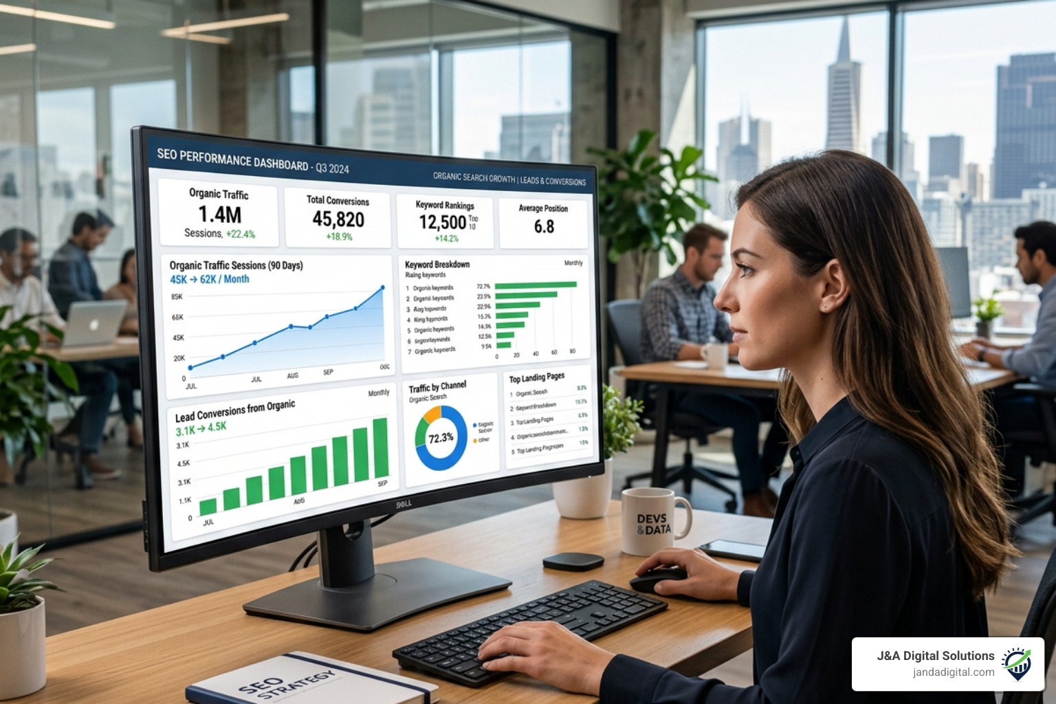 SEO performance dashboard showing growth in organic traffic and lead conversions SEO performance dashboard showing growth in organic traffic and lead conversions