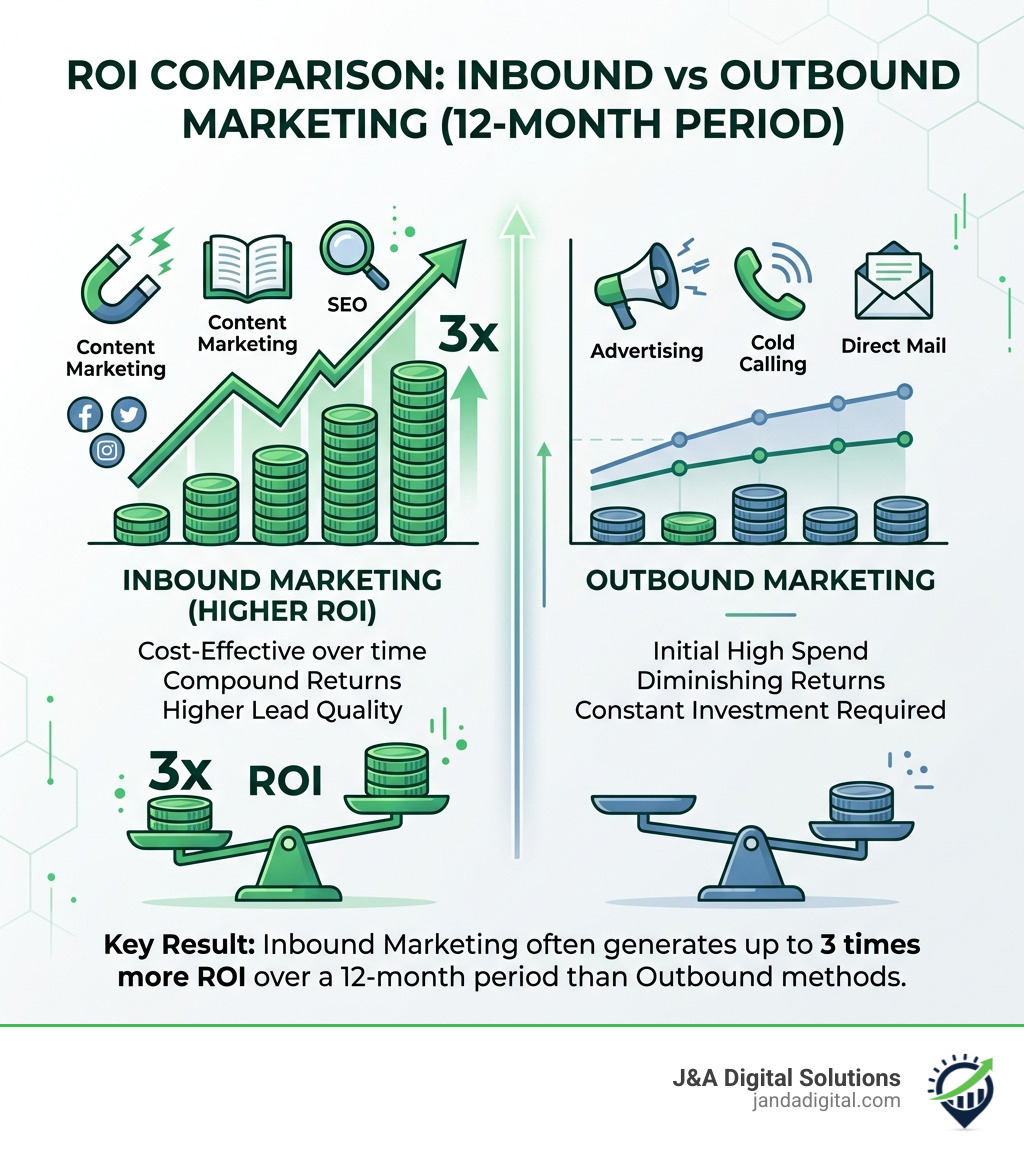 Infographic comparing ROI of Inbound vs Outbound marketing: Inbound often shows 3x better ROI over 12 months infographic Infographic comparing ROI of Inbound vs Outbound marketing: Inbound often shows 3x better ROI over 12 months infographic
