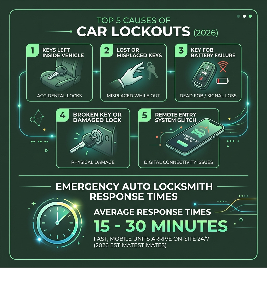 Top 5 causes of car lockouts in 2026 and average emergency auto locksmith response times infographic