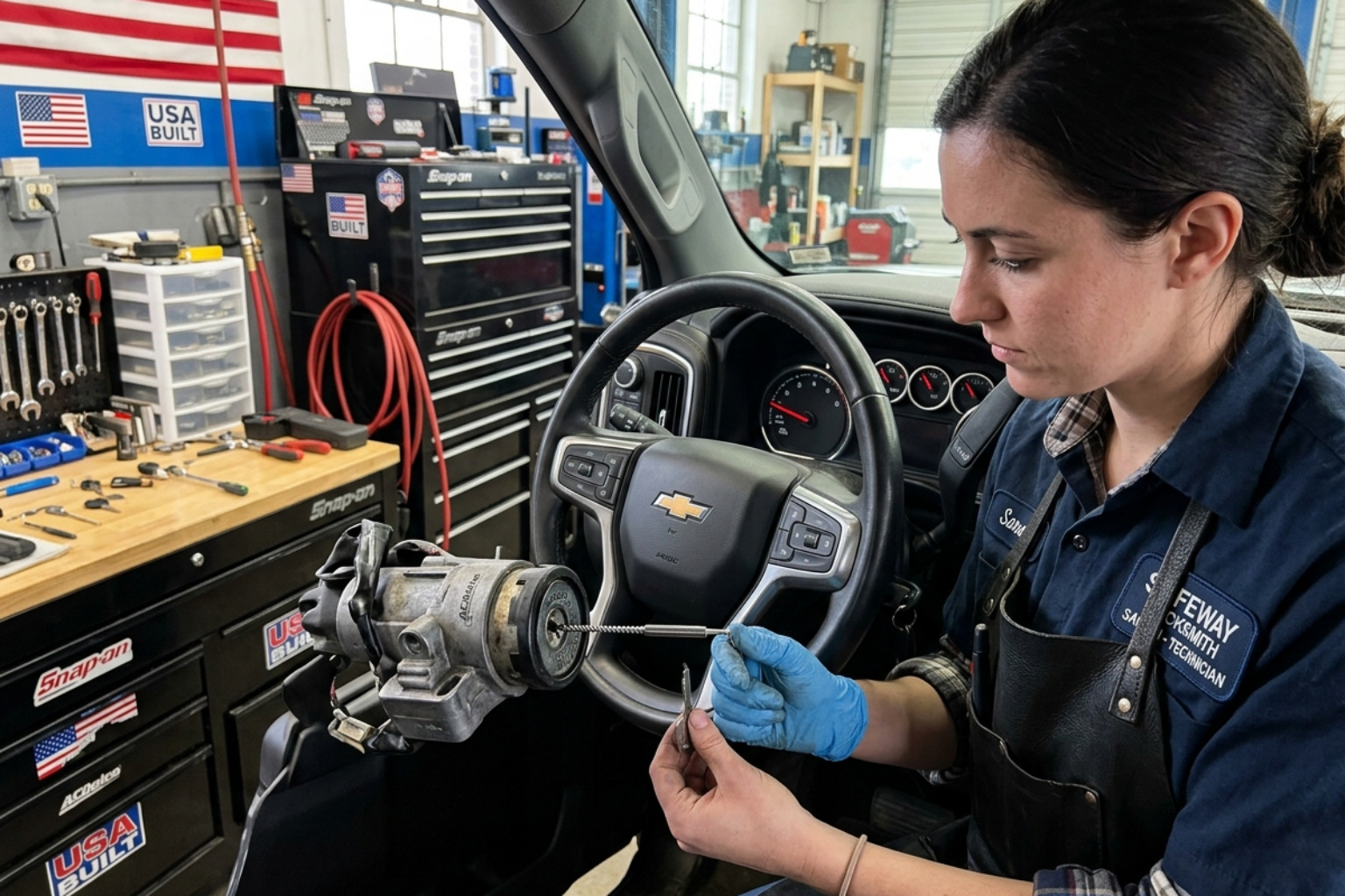 Technician extracting a broken key from a car ignition