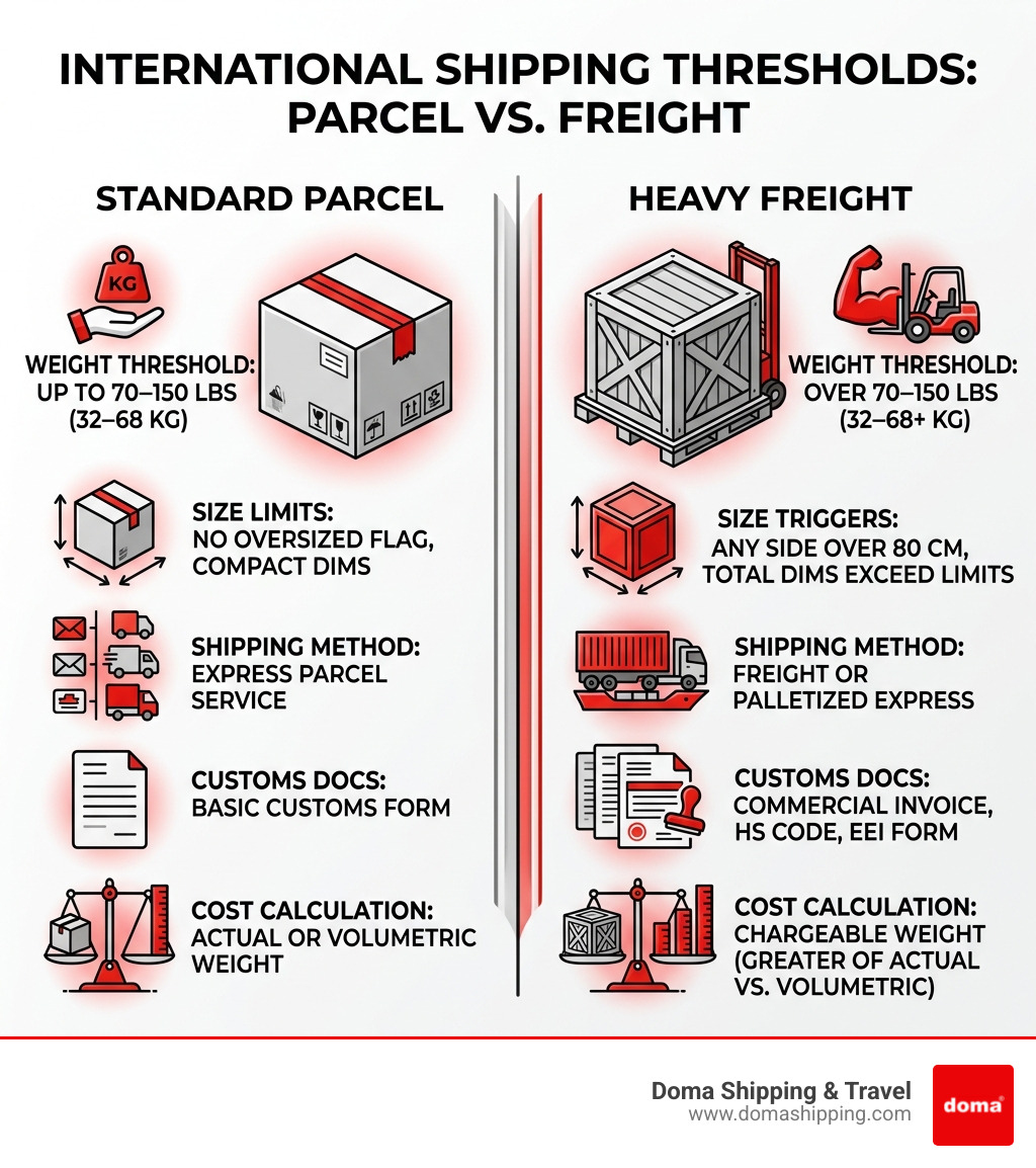 Infographic comparing standard parcel vs heavy freight thresholds for international shipping infographic