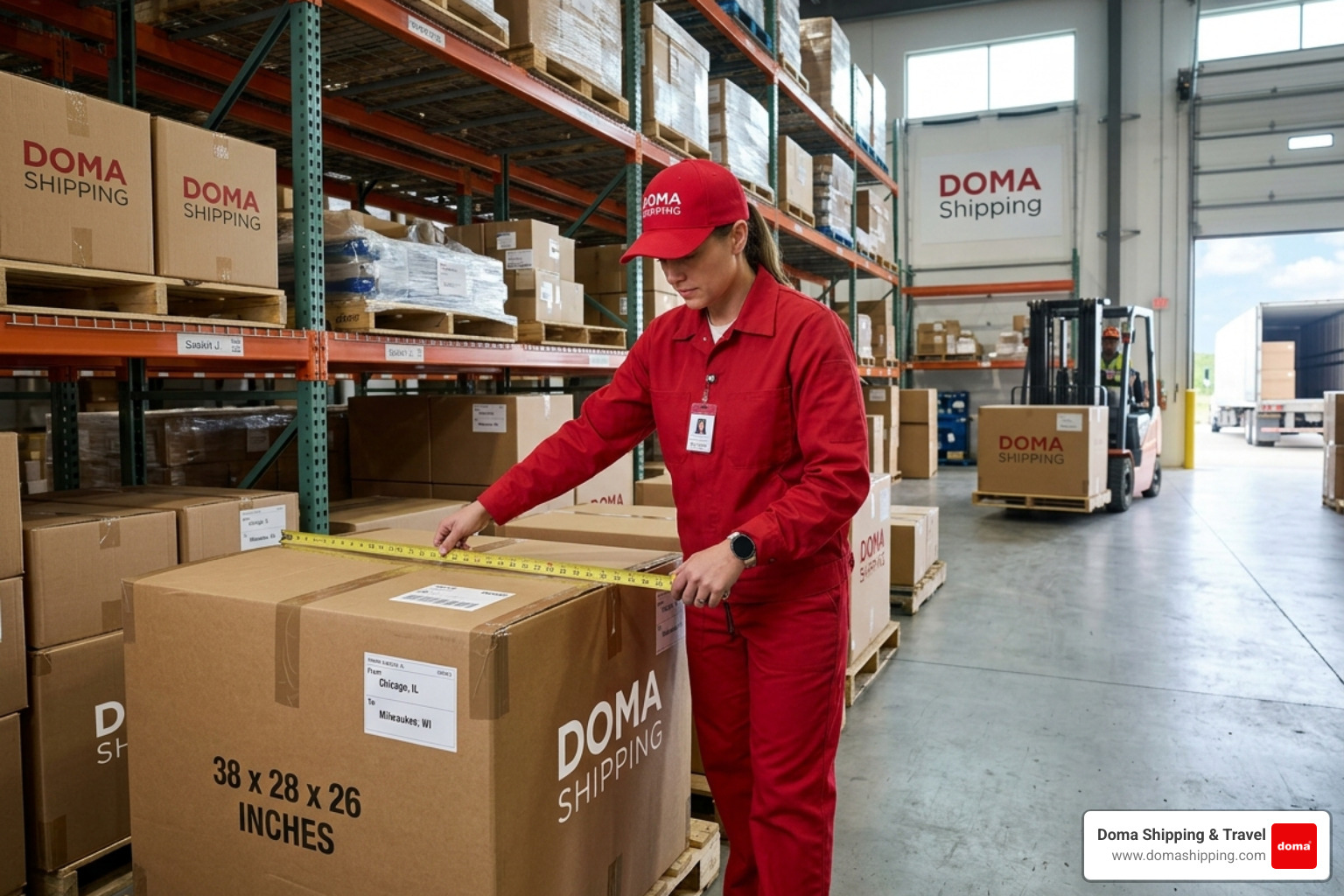 A Doma Shipping worker in a red uniform measuring a large reinforced box in a Chicago warehouse