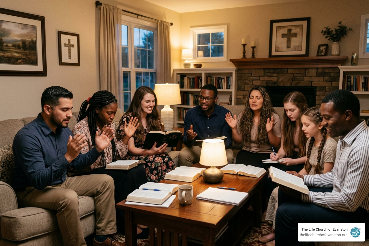 a small group of believers studying the Word of God together in a modern living room a small group of believers studying the Word of God together in a modern living room