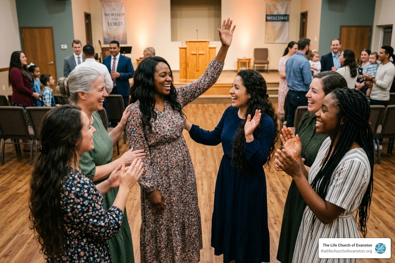 Apostolic women in modest dress laughing and encouraging one another in a church fellowship hall Apostolic women in modest dress laughing and encouraging one another in a church fellowship hall