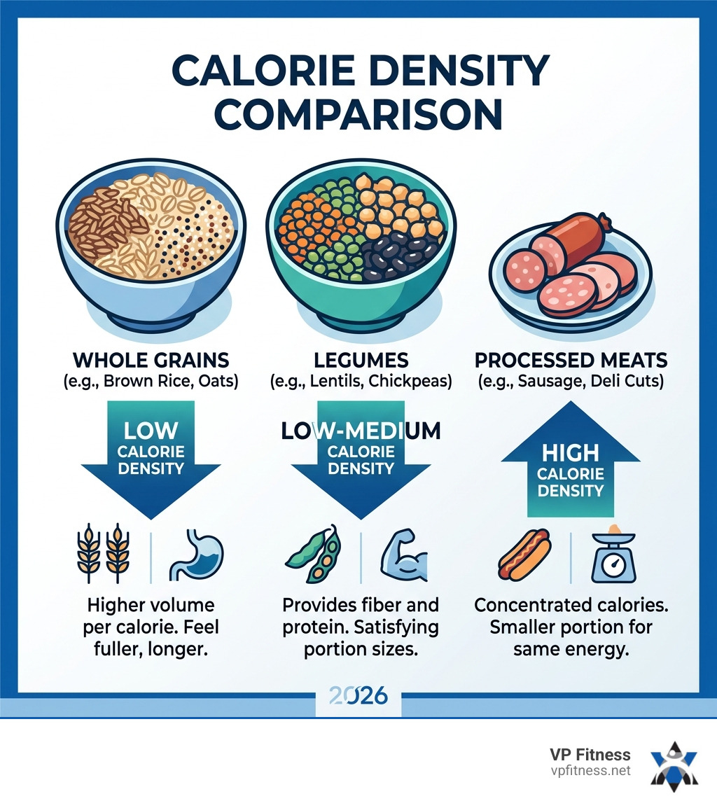 Comparison of calorie density between whole grains, legumes, and processed meats infographic