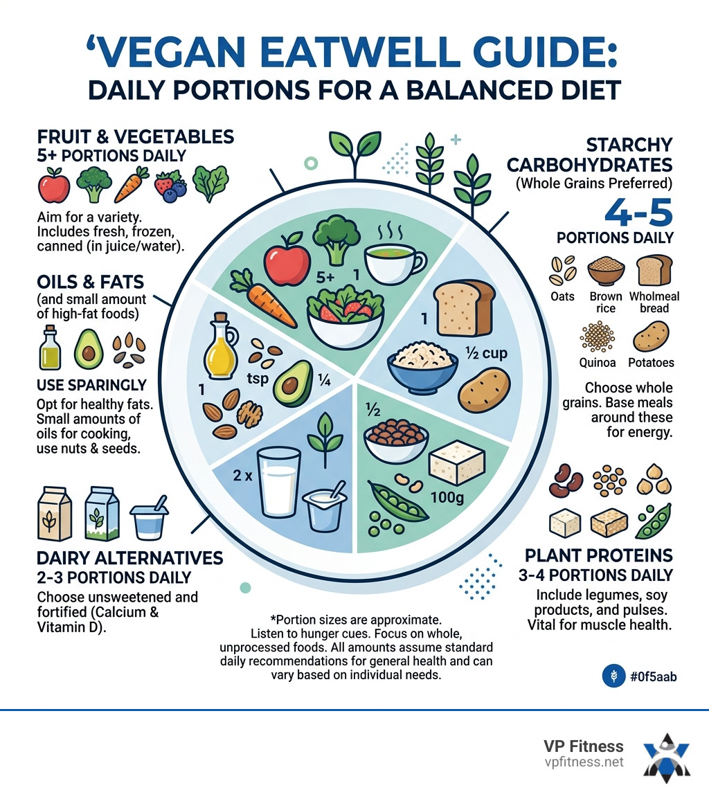 Vegan Eatwell Guide infographic showing daily portion recommendations for plant-based food groups infographic